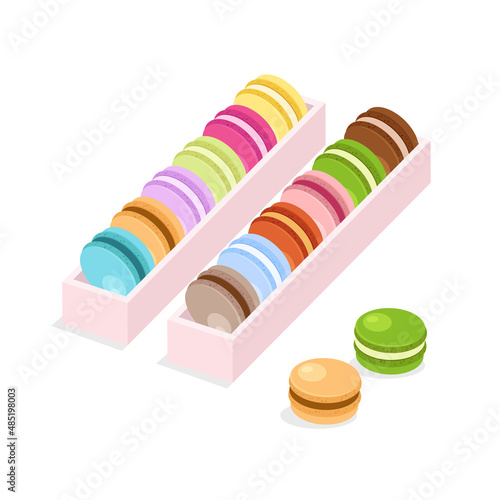 Different flavors and colors macarons in carton packaging or boxes. Traditional french almond cookies in trendy flat style. Vector illustration isolated on white background.