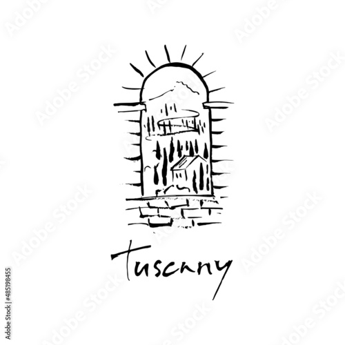 Tuscany landscape illustration. Old arched stone window. Winery logo.