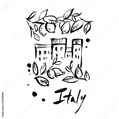 View of the Italian town and lemon trees.