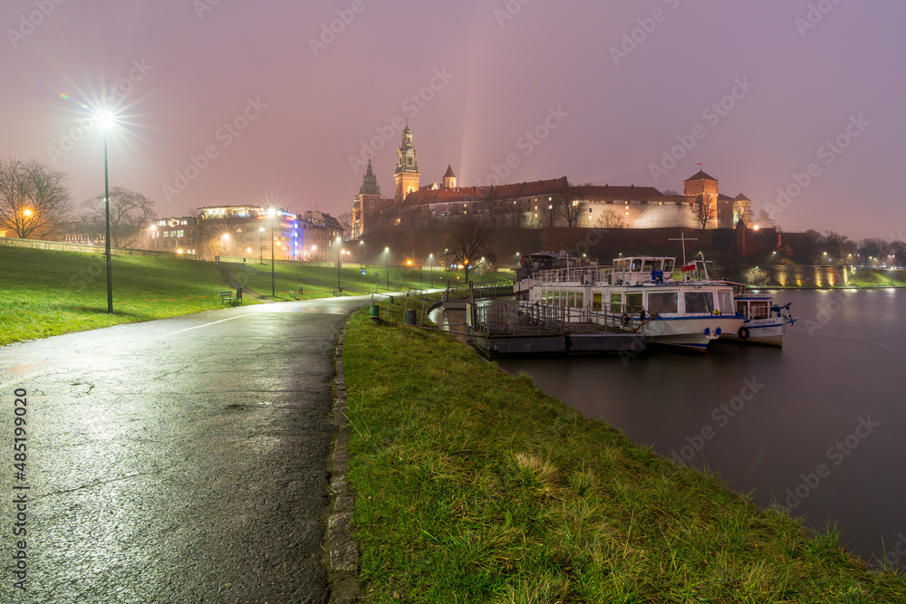 Krakow, Poland December 15, 2021; View of the Wawel and the Vistula River in Krakow.