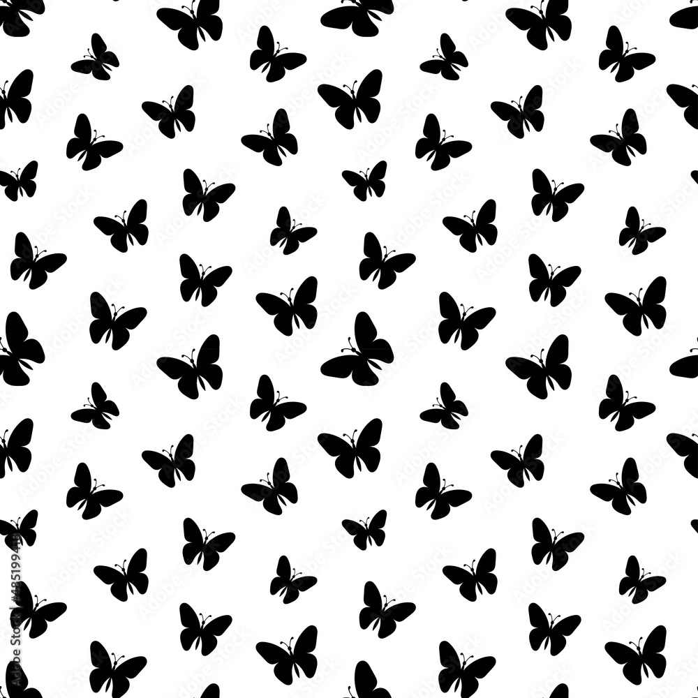 Fototapeta premium Pattern of black silhouette butterflies. For background, wallpaper, banner, wrapping paper, textiles, postcards. Simple flat vector illustration