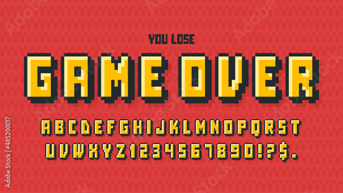 Pixel vector alphabet design, stylized like in 8-bit games.