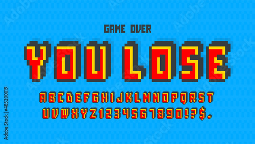 Pixel vector alphabet design, stylized like in 8-bit games.