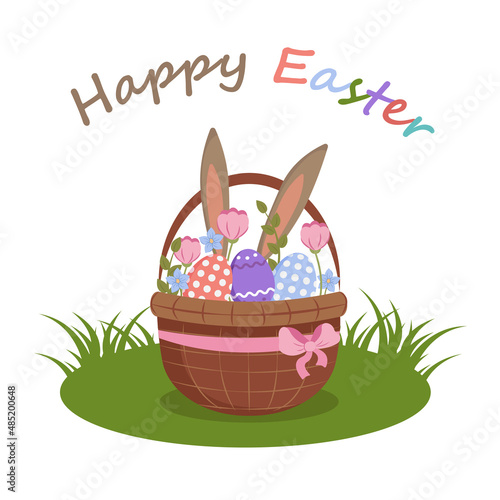 Greeting card, poster, banner for Easter with a basket and Easter eggs