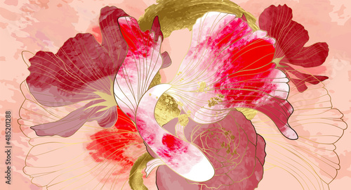 Luxury floral and fish in line art style background. Watercolor wallpaper with gold and red shades of flowers and crap fish. Golden brush vector for banner, prints, covers.