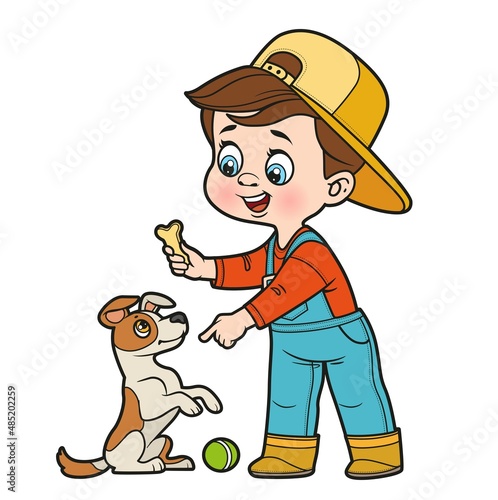 Cute cartoon boy playing with dog jack russell terrier stands on hind legs color variation for coloring page on white background