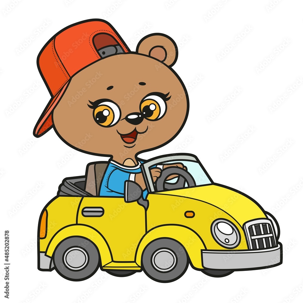 Cute cartoon baby bear ride in little car color variation for coloring on a white background Cute cartoon baby bear ride in little car color variation for coloring on a white background