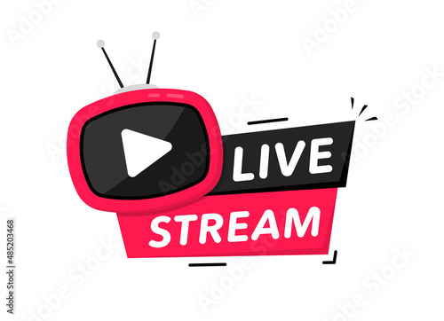Live Stream icon. Live streaming sign with play button. Live broadcast button for blog, player, broadcast, website, online radio, media labels. Live streaming element. Vector illustration