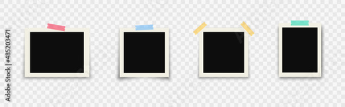 Set of photo frames with adhesive tape in different colors. Photo realistic vector mockups. Pictures on transparent background, retro memory album. Retro photo frame template for your photos. Vector