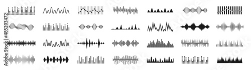 Sound waves icons set. Music frequency. Audio player. Sound equalizers. Radio wave icons. Abstract digital equalizers for music app. Volume level symbols. Vector