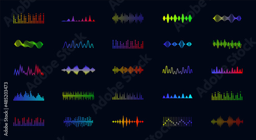 Sound waves icons set. Music frequency. Audio player. Sound equalizers. Radio wave icons. Abstract digital equalizers for music app. Volume level symbols. Vector