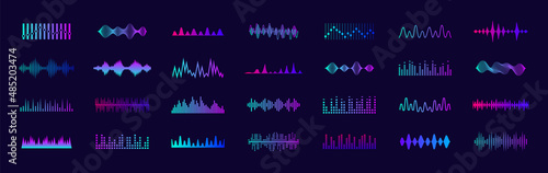 Sound waves icons set. Music frequency. Audio player. Sound equalizers. Radio wave icons. Abstract digital equalizers for music app. Volume level symbols. Vector