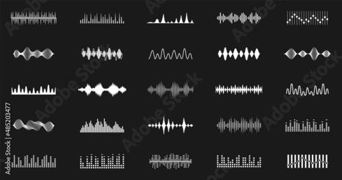 Sound waves icons set. Music frequency. Audio player. Sound equalizers. Radio wave icons. Abstract digital equalizers for music app. Volume level symbols. Vector