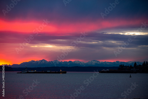 The Olympic Mountains At Sunset Over Commencement Bay And The Port Of Tacoma
