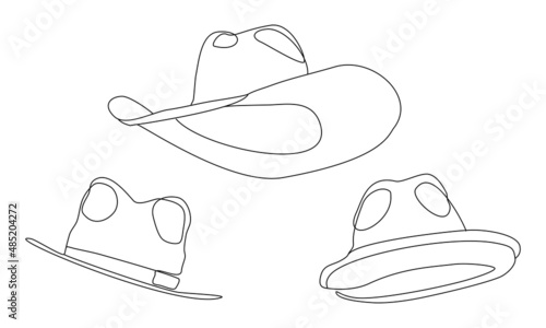 Cowboy hat silhouette set. Continuous line drawing of gunslinger apparel. Cow boy hat drawn in simple minimalist outline