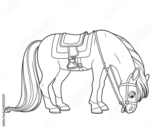 Cute cartoon big horse with a harness nibbling grass outlines isolated on white background