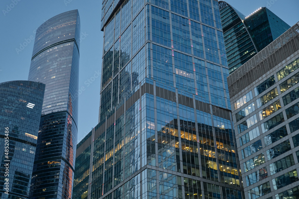 Fototapeta premium Skyscapers in the city. The financial center of Moscow. High quality photo. Financial center in the city. Office buildings. Modern skyscapers building in Moscow
