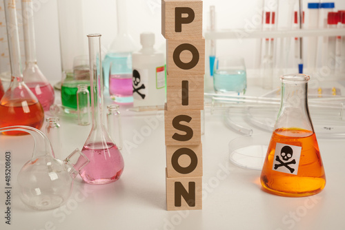 Poison text on wooden cubes in chemical laboratory. Wood blocks form POISON word. Chemical workplace desk with toxic and colored liquids. Science concept of dangerouse experiments. Scientific photo. photo