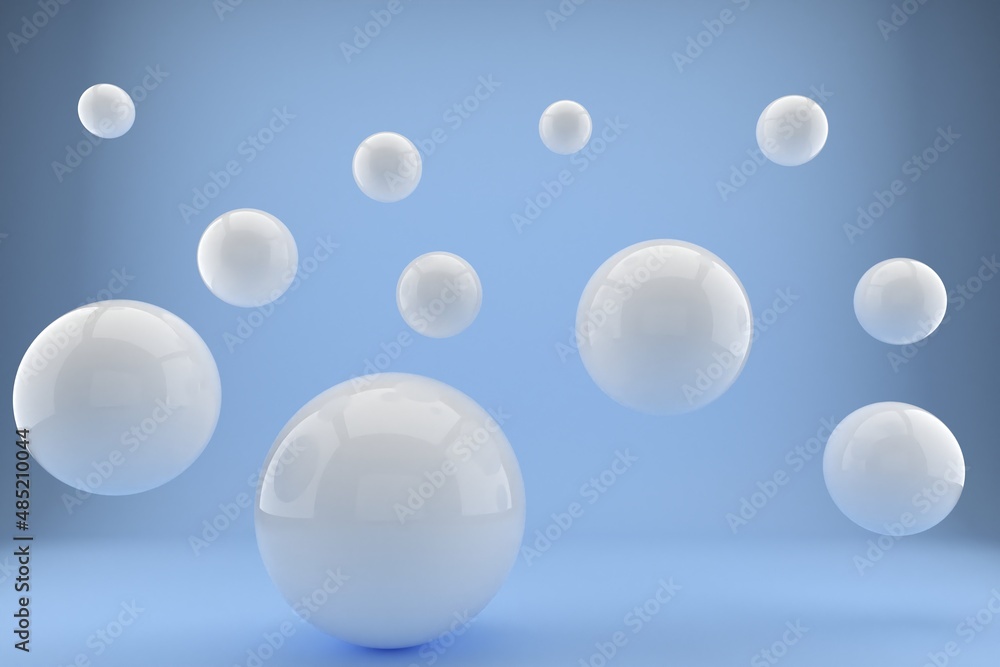 3d rendering of several sized reflected white spheres on blue background 3d rendering of several sized reflected white spheres on blue background