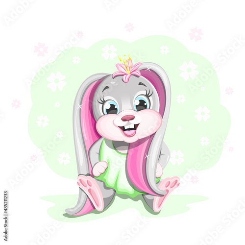 A cute and smiling bunny sits on a light green background