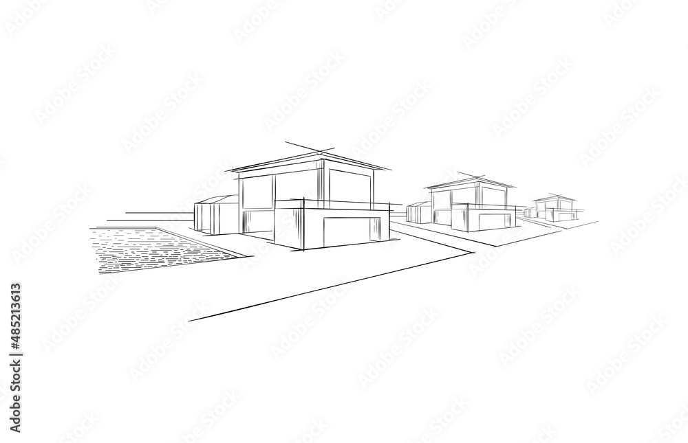 Houses in a row. Beach house Real estate rental logo. Banner Luxury villas. Homes with swimming pool for weekend and holidays. Modern architecture Vacation building sketch, hand drawn vector Houses in a row. Beach house Real estate rental logo. Banner Luxury villas. Homes with swimming pool for weekend and holidays. Modern architecture Vacation building sketch, hand drawn vector