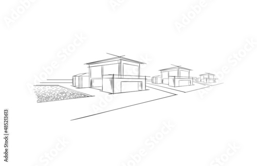 Houses in a row. Beach house Real estate rental logo. Banner Luxury villas. Homes with swimming pool for weekend and holidays. Modern architecture Vacation building sketch, hand drawn vector