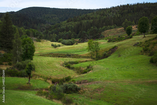 Rivière qui serpente au milieu des champs d'une vallée sauvage et verdoyante au creux des montagnes boisées.