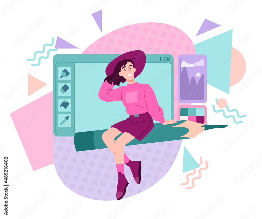 Woman designer flying on pencil Woman designer flying on pencil