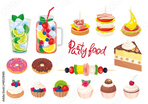 Set of party food and refreshing drinks isolated on white. Refreshing drinks, sandwiches, appetizers, snacks on a skewer, cupcakes with chocolate, cream and berries, nut cake, fruit cocktail, mojito
