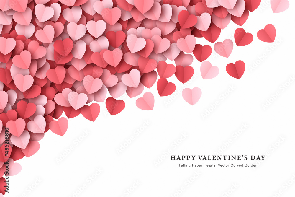 Falling Paper Cut Hearts Confetti Vector Valentine's Day Abstract Curved Border Isolated On White Background. Paper Cut Heart Shapes Romantic Love Story Wallpaper. Valentines Day Hearts Illustration