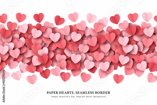 Fly Paper Cut Hearts Confetti Vector Valentine's Day Seamless Border. Scattered Papercut Heart Shapes Isolated On White Background Romantic Love Wallpaper. Saint Valentines Day Hearts Art Illustration