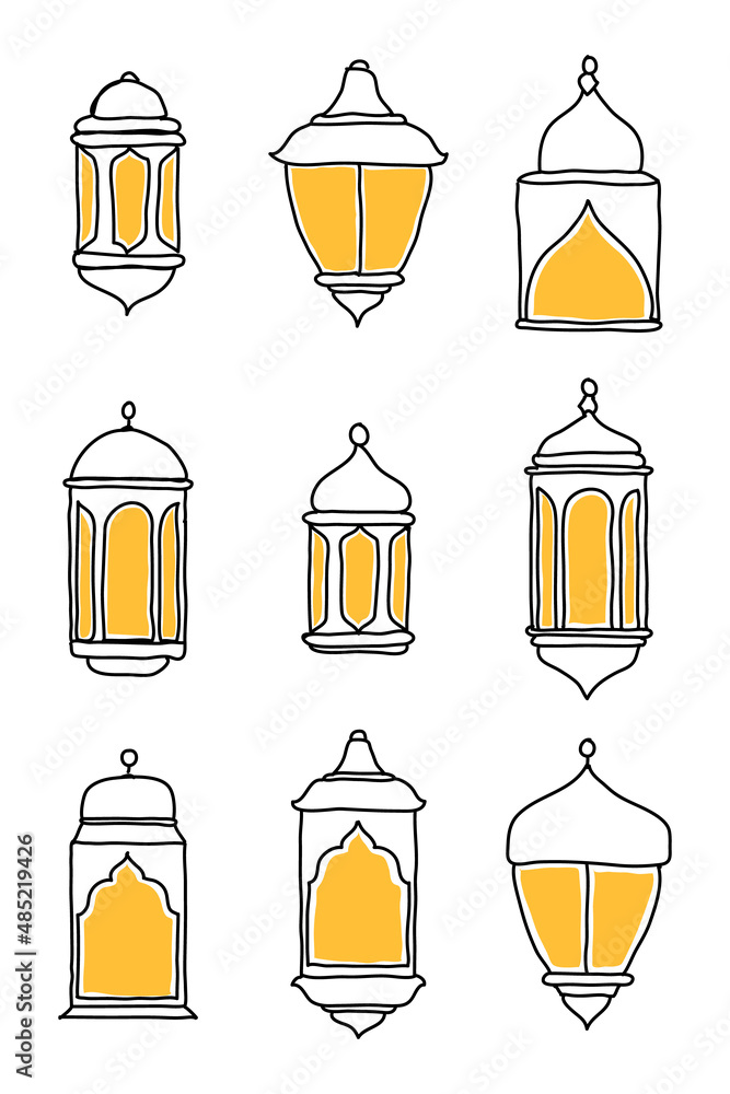 Line Islamic Arabic Lantern Symbol Icon Collection Set. Hand drawn set of lanterns. Vector illustration in doodle style Line Islamic Arabic Lantern Symbol Icon Collection Set. Hand drawn set of lanterns. Vector illustration in doodle style