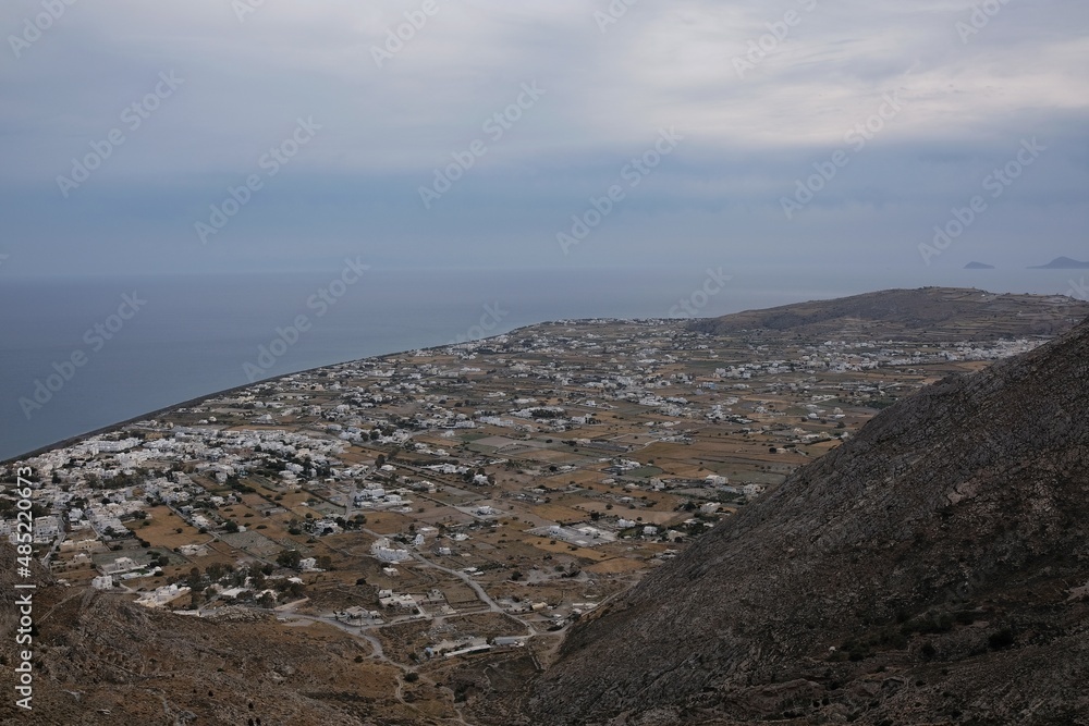 Panoramic view of the village of Perissa and the sea from a viewpoint in Santorini Greece