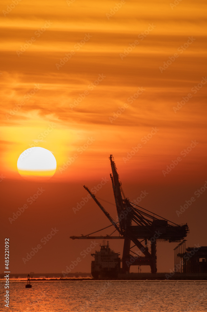 Seaside landscape with container crane and sunset
