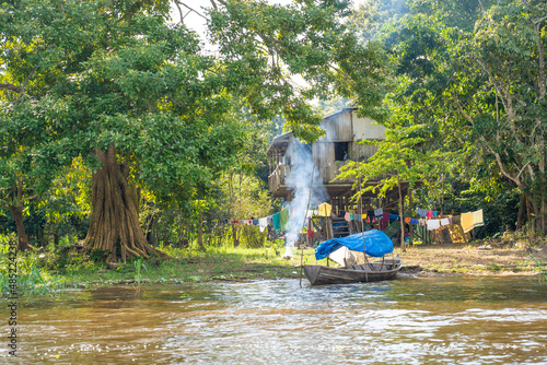 Leticia, amazonia, Colombia, January 4, 2022, Arrival in the small town by boat. 
Typical architecture of the region