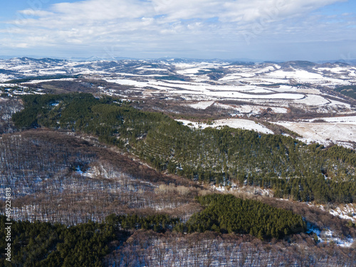 Aerial Winter view of Lyulin Mountain covered with snow, Bulgaria