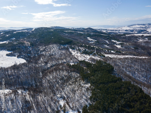 Aerial Winter view of Lyulin Mountain covered with snow   Bulgaria