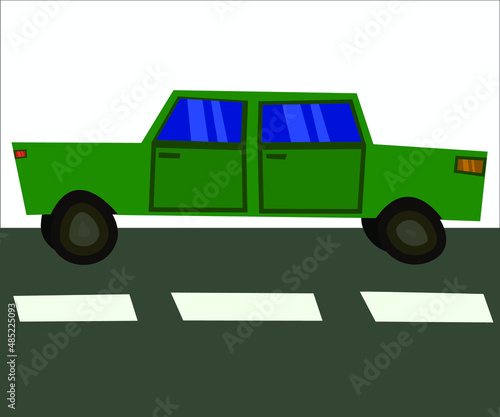 A comic green automobile on a road. This illustration can be used for advertising materials of car companies and shops. Vector illustration, isolated.