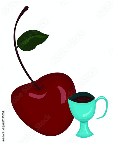 A big fresh cherry and a blue cup of tea. This illustration can be used for a menu or as a concept for advertising materials. Vector illustration, isolated.