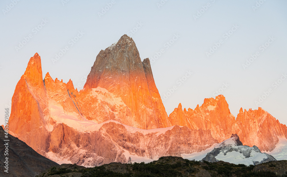 Orange Sunrise Hitting the Peaks of Mount Fitz Roy in El Chalten, Argentina Patagonia