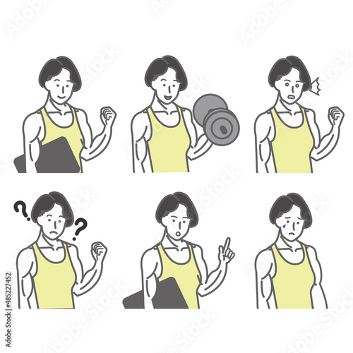 若いタンクトップを着た筋肉質な女性の表情やポーズのバリエーションのセットの白バックの線画