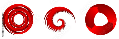 Set of red abstract spiral, swirl, twirl and whirl elements. Cochlear, helix, vortex icon