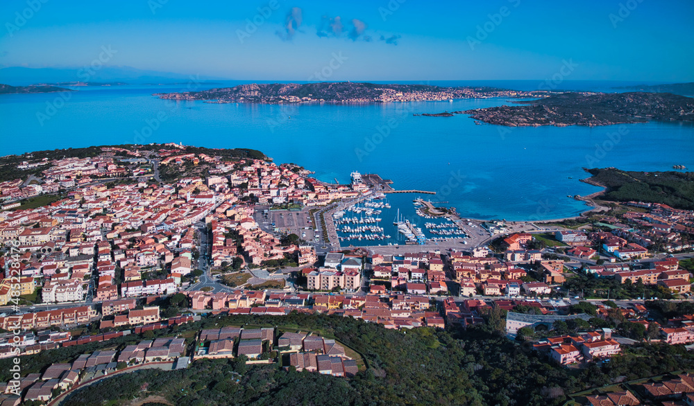 Aerial view of Palau town  port and Santo Stefano with La Maddalena islands. Province of Olbia-Tempio, Sardinia, Italy, Europe