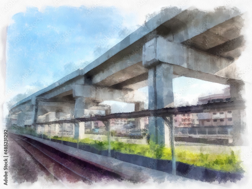 The structure of the elevated expressway columns watercolor style illustration impressionist painting. The structure of the elevated expressway columns watercolor style illustration impressionist painting.