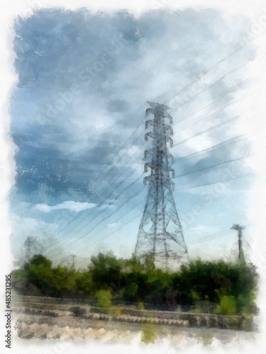 high voltage pole on sky background watercolor style illustration impressionist painting.
