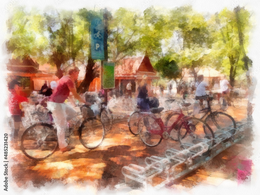 Public bicycle parking in the park in the morning. watercolor style illustration impressionist painting.