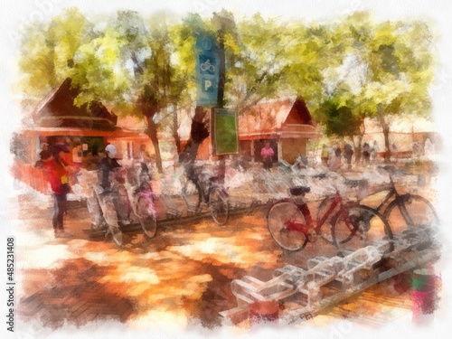 Public bicycle parking in the park in the morning. watercolor style illustration impressionist painting. © Kittipong