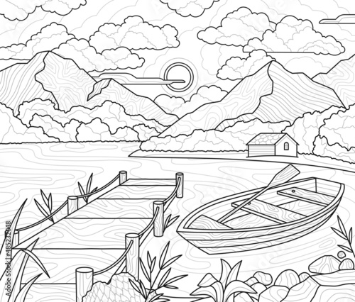 Boat on lake abstract concept. Coloring book with river, bridge, mountains, beautiful village landscape and house. Hobby antistress for children and adults. Cartoon modern flat vector illustration