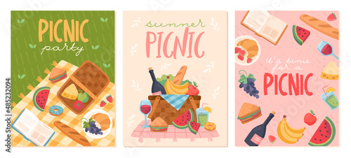 Set of Summer picnic poster. Colorful postcards with vegetable, fruit, drink and tablecloth for lunch in forest or in park. Greeting cards. Cartoon flat vector collection isolated on white background