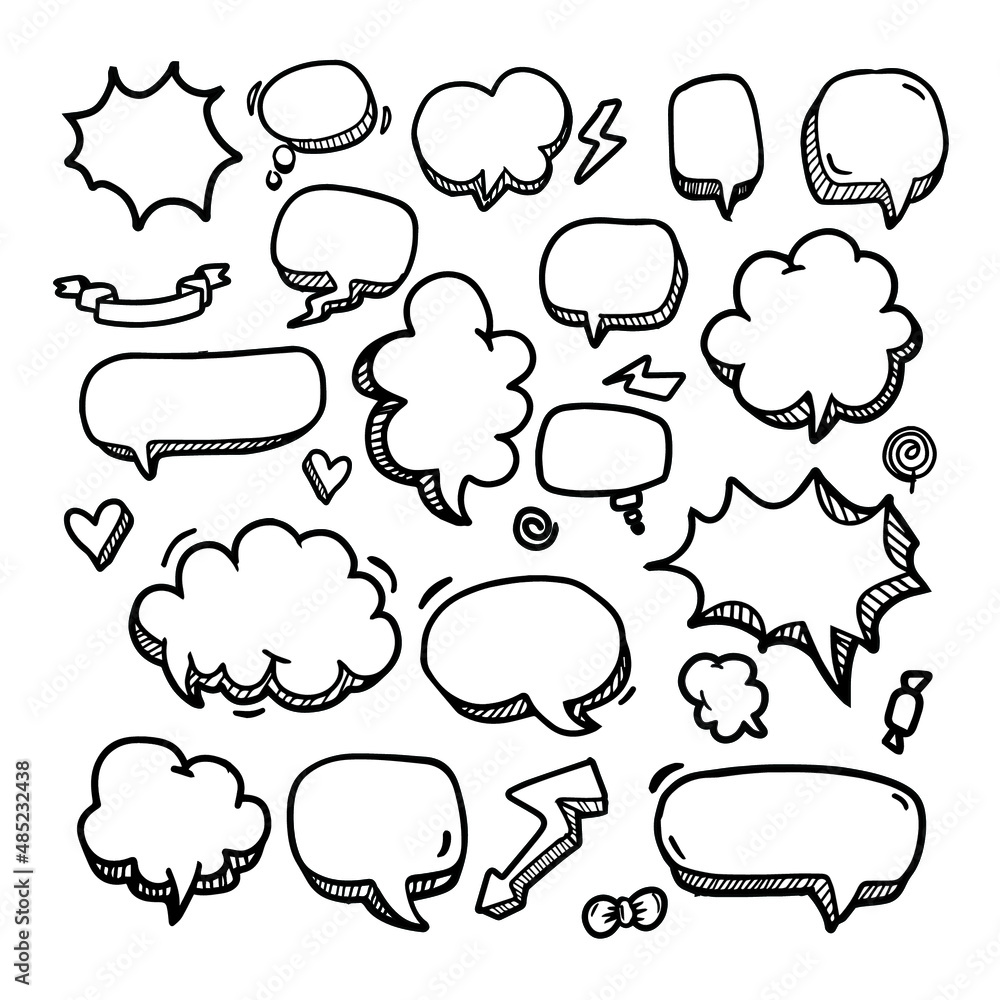 Fototapeta premium white doodle cartoon speech bubble with various shapes for comic chat box where to add words, speech or talk isolated on white background